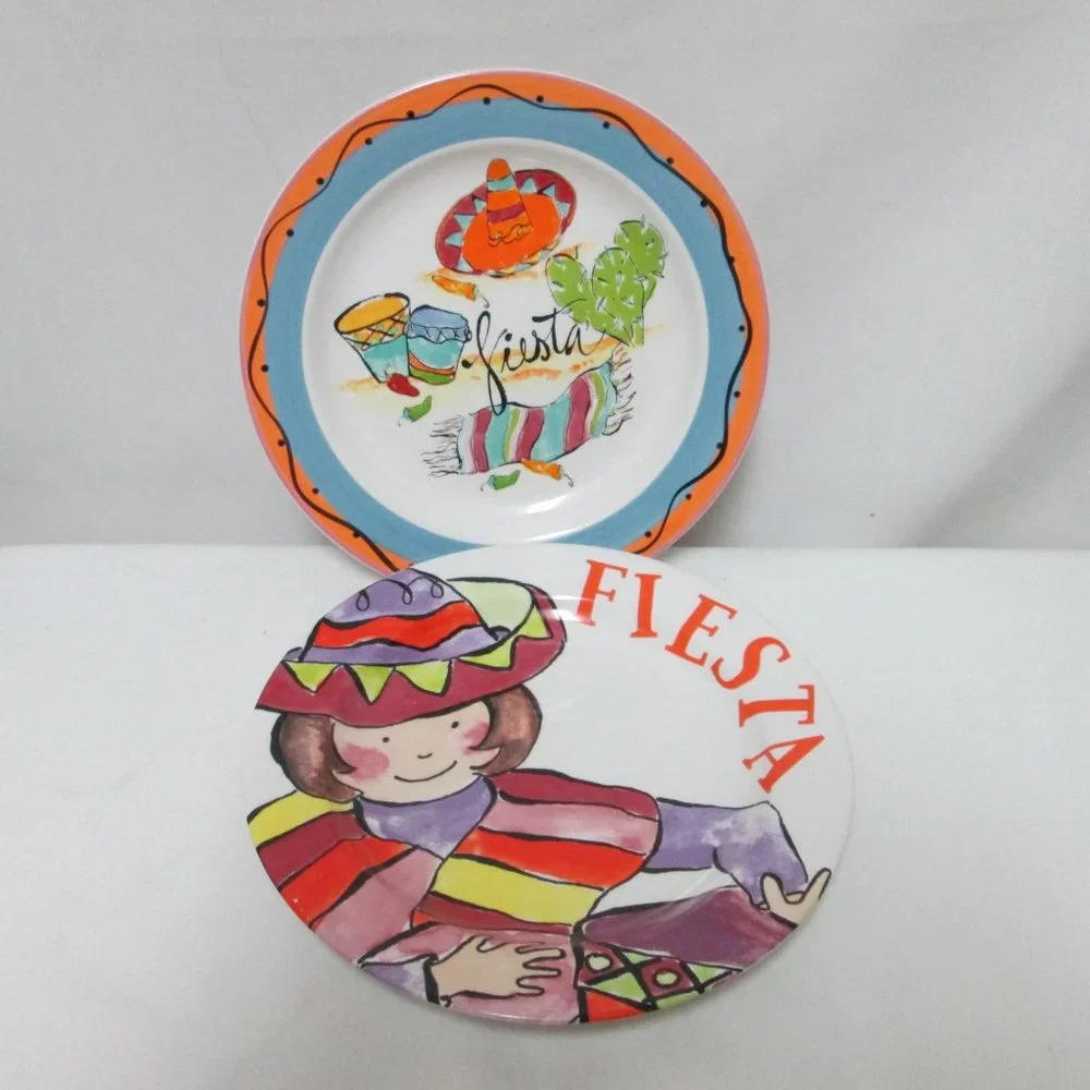 R Table Fiesta ceramic salad dessert plate set 2 Mariachi Cactus Mexican Theme